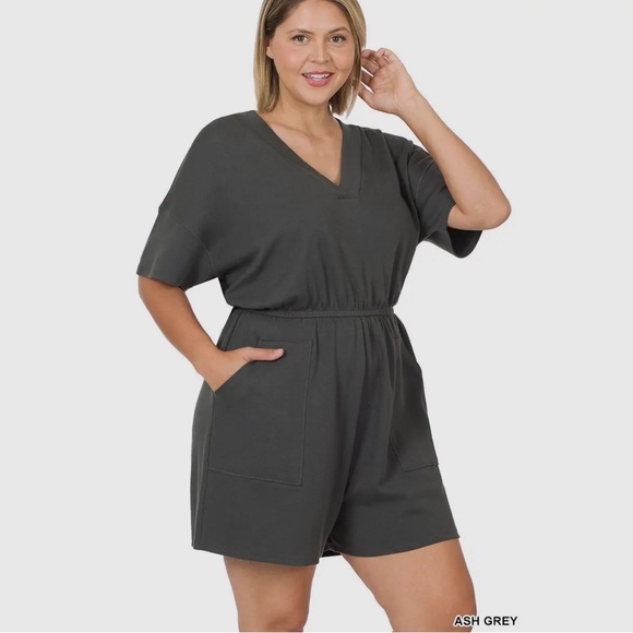 Ash Grey Plus Size Drop Shoulder V-Neck Romper with Pockets - Picture 1 of 1